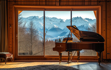 AI-Generated: Mountain Chalet Interior with Piano