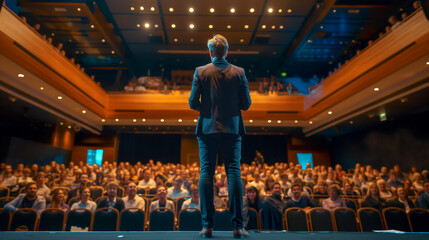 Businessman motivational speaker standing on stage in front of an audience for a speech at conference or business event. Talks about Success, Leadership, Technology, and How To Be Productive - obrazy, fototapety, plakaty