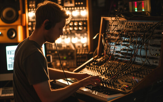 AI-Generated Image: Young Man Playing Modular Analog Synthesizer