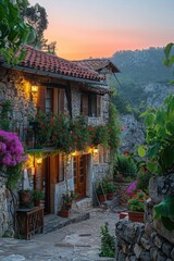 Obraz premium Flowers blooming at sunset. Stone house on a mountain with a small courtyard