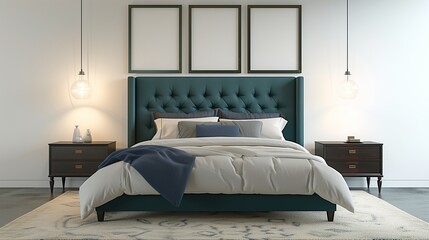 A serene bedroom featuring a deep teal upholstered bed, two nightstands in a dark walnut finish