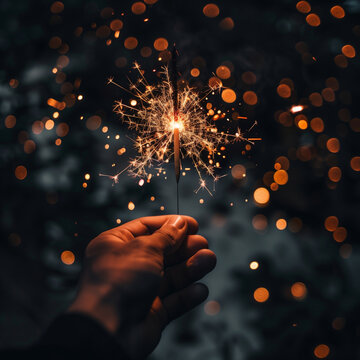 hand holding sparkler at night with bokeh light background.