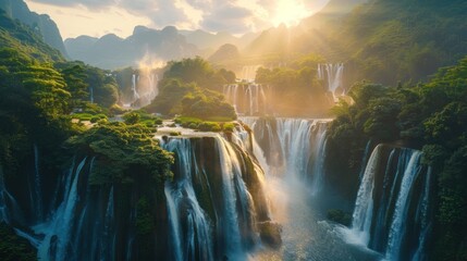 A large waterfall with a stunning landscape with beautiful waterfalls and a beautiful morning sky lit up by a beautiful sunrise. in Iceland, Europe