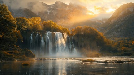 Fototapeta premium A large waterfall with a stunning landscape with beautiful waterfalls and a beautiful morning sky lit up by a beautiful sunrise. in Iceland, Europe