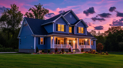 a side angle view of a modern suburban craftsman style house illuminated with lights 