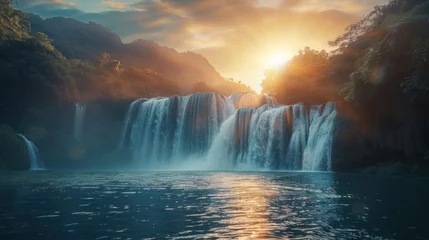 Photo sur Plexiglas Vert bleu A large waterfall with a stunning landscape with beautiful waterfalls and a beautiful morning sky lit up by a beautiful sunrise. in Iceland, Europe