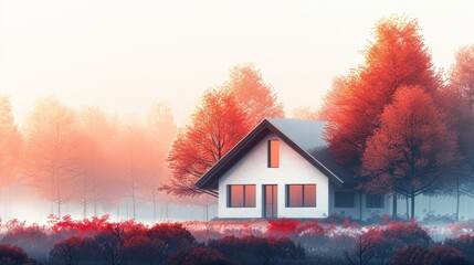 An illustration of a house in the distance. Backcountry retreat concept in a small detached house, life slows down for a while