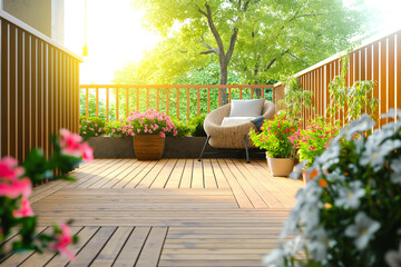 Beautiful of modern terrace with wood deck flooring and fence, green potted flowers plants and outdoors furniture. Cozy relaxing area at home. Sunny stylish balcony terrace in the city - obrazy, fototapety, plakaty