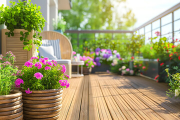 Beautiful of modern terrace with wood deck flooring and fence, green potted flowers plants and outdoors furniture. Cozy relaxing area at home. Sunny stylish balcony terrace in the city - Powered by Adobe