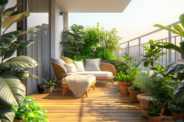 Beautiful of modern terrace with wood deck flooring and fence, green potted flowers plants and outdoors furniture. Cozy relaxing area at home. Sunny stylish balcony terrace in the city