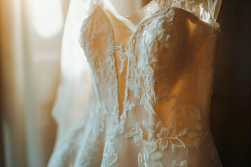 Beautiful elegant luxury bridal dress on hangers. White wedding dresses hanging on hanger in bridal shop boutique salon. Closeup - obrazy, fototapety, plakaty