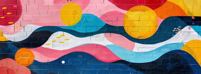 A colorful geometric mural with playful curves and circles in a bold array of pink, blue, yellow, and orange tones.