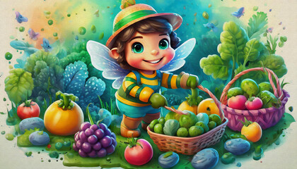 cute bee planting vegetables in garden - obrazy, fototapety, plakaty