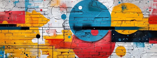 Urban mural art featuring abstract, overlapping circles and curved lines in a distressed texture with a palette of blue, yellow, and red.