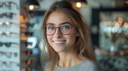 A smiling woman tries on glasses, standing in front of a display of various eyeglass frames in an optometry shop.
 - obrazy, fototapety, plakaty