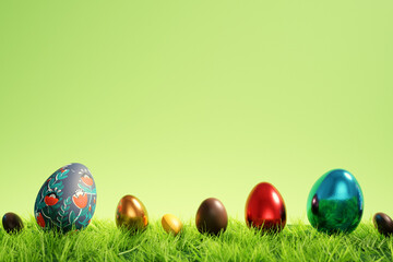 Vibrant Easter Egg Assortment on Lush Green Synthetic Grass Backdrop