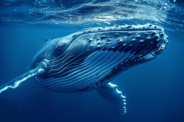Giant blue whale swimming in deep blue ocean water. Underwater wildlife animal photography. Endangered species and marine life conservation. Ocean day. World Wildlife day. Scuba diving and tourism - obrazy, fototapety, plakaty