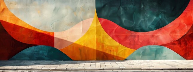 Abstract mural under an overpass featuring overlapping geometric shapes and bold colors with a mix of red, orange, and teal.