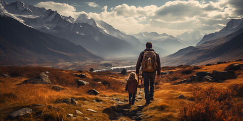 Back view of father and little daughter walking on winter road in mountains