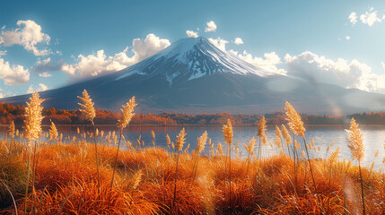Morning view of Mount Fuji with Kokia bushes in Autumn colors from Oishi park, Yamanashi Prefecture, Japan.
