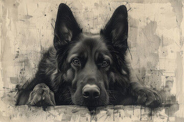 A captivating illustrated portrait of a German Shepherd, rich in warm hues that highlight its noble and attentive - obrazy, fototapety, plakaty