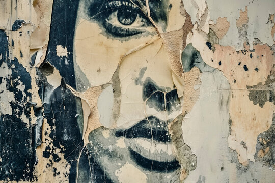 Abstract old wrinkled grunge ripped torn placard posters background. Remains of torn poster with woman face on wall