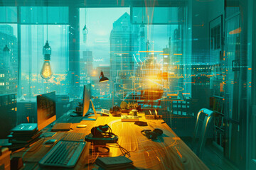 a relaxed office environment with digital art that reacts and glows in response to the startup's current energy usage.