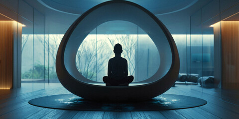 a modern meditation pod with walls that glow with calming patterns, synchronizing with the user's breathing. - obrazy, fototapety, plakaty