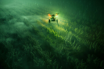 a farmer using a drone to survey crops, with a glowing digital readout projected in the air, showing crop health stats. - obrazy, fototapety, plakaty