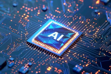 AI chip on illuminated circuit board, technology concept