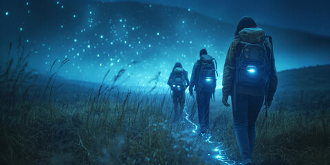 a group of students on a field trip with a virtual guide, glowing footprints leading them to points of interest.
