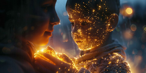 a blended family with a soft digital overlay that connects each member, glowing brightly where hands are held or shoulders touch.