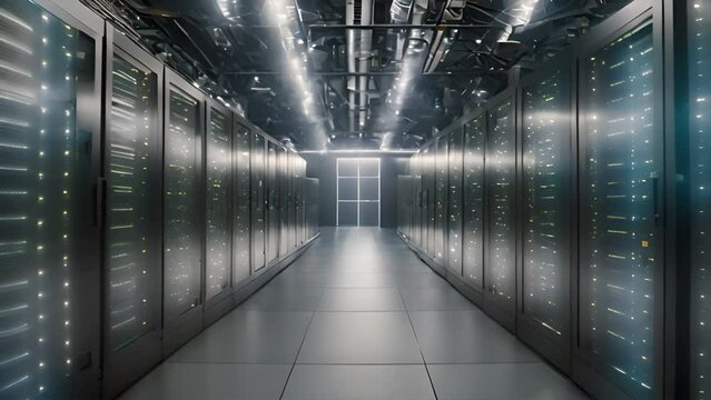 Concept of cloud data Flow moving through rack servers service center. Digitalization of Information Stream Moving Through Rack Servers in Data Center. IConcept of cloud data Flow moving through rack