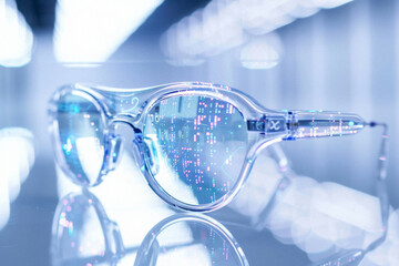 a pair of eyeglasses with transparent data streams flowing through the lenses, connecting vision care with technology.