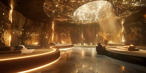 a virtual reality meditation space where the environment responds with glowing elements as the user's