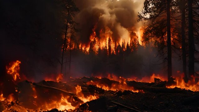 Big forest fire and smoke clouds in pine stands. Wildfire. Flame is starting to damage the trunk. Whole area covered by flame