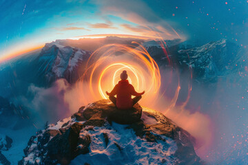 a yoga pose atop a mountain with a drone capturing the moment, the drone’s light creating a glowing aura around the practitioner. - obrazy, fototapety, plakaty