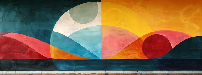 Abstract geometric mural with overlapping circles in bold red, yellow, and blue hues against a green background.