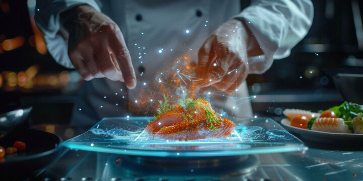 a chef presenting a plate of sustainable seafood with a digital seal that glows, indicating certification of sustainable practices.