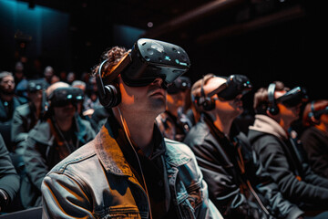 a pitch event with the audience wearing ar glasses, with the presented data and graphs glowing in their field of vision.