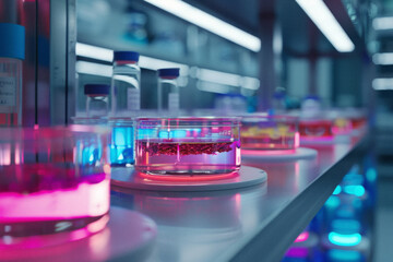 a laboratory scene with petri dishes and a colorful glow to represent microbiological research.