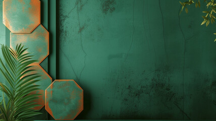 Muted sage hexagons gently emerging on a muted terracotta wall, transitioning into a sleek vector banner on a rich forest green velvet background. - obrazy, fototapety, plakaty