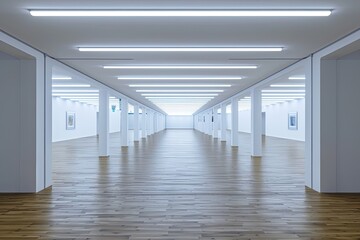 A view of a white painted interior of an empty room or an art gallery with a fluorescent lighting and wood floors