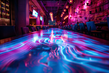 a restaurant with an interactive table that glows with the journey of the ingredients from the farm to the plate, tracing the path with illuminated lines.