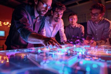 a startup team collaborating over a 3d holographic model of their product, with points of interest highlighted.
