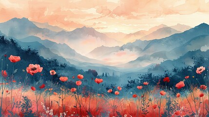 Watercolor painting of meadow with poppies and mountains at sunset. Digital watercolor painting. Printable wall art. Generative AI - obrazy, fototapety, plakaty