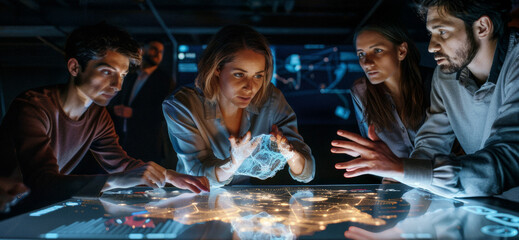 a startup team collaborating over a 3d holographic model of their product, with points of interest highlighted.