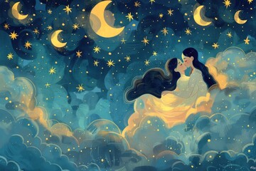 A whimsical illustration of two women sharing a kiss on a whimsical cloud, surrounded by stars and moons