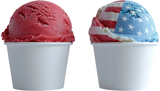 Red white blue ice cream in white paper cups american flag pattern isolated cutout on transparent background. 4th of July USA Independence Day. advertisement. product presentation. 