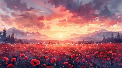 Watercolor painting of meadow with poppies and mountains at sunset. Digital watercolor painting. Printable wall art. Generative AI